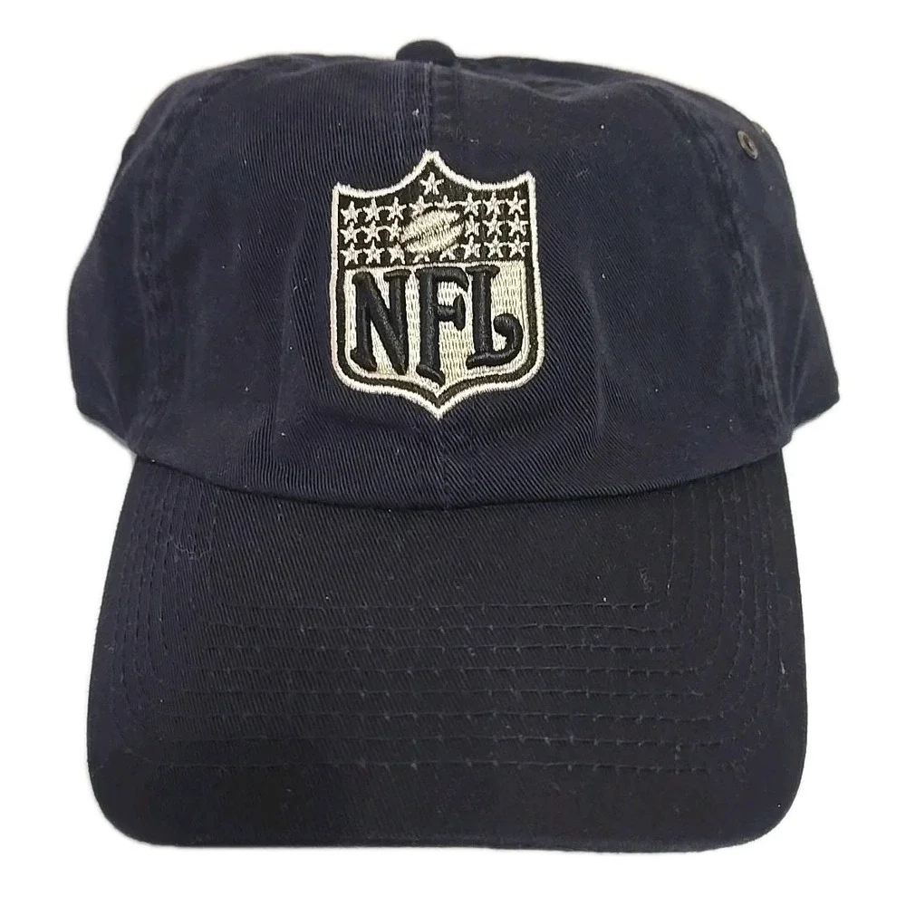 Vtg 90s NFL Shield Hat Blue Leather Strapback Brass NFL Logo Buckle Rare‎ Cap
